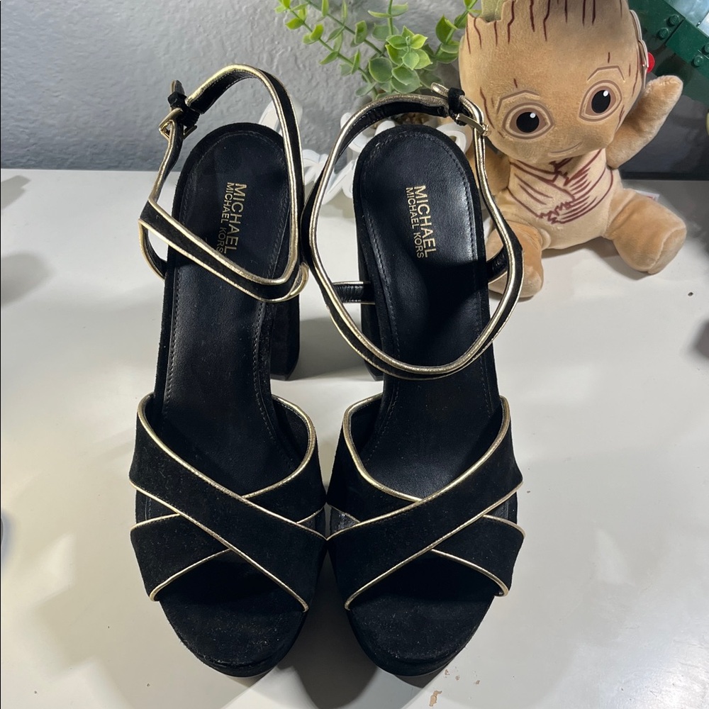 Michael Kors Black Suede Platform Heels with Gold Piping